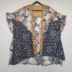 Umgee S/M Boho Floral Animal Print Gypsy Metalic Kimono Cardigan Sheer Cover